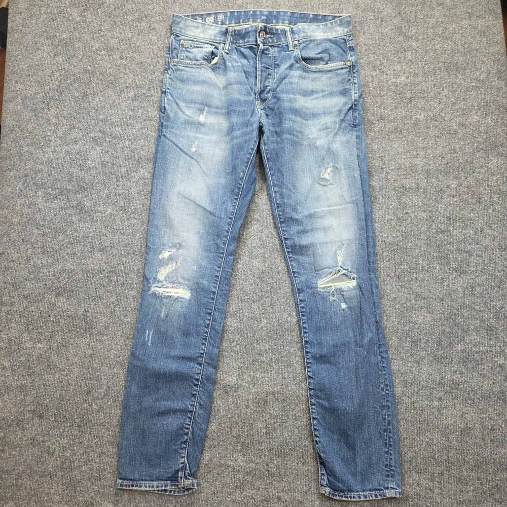 G-Star Raw Jeans Mens 33x33 Blue 3301 Slim Straight Distressed Button Fly Faded